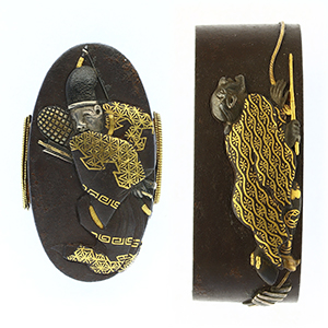 日本刀装具　縁頭　悪鬼般若の図　金工品　魚子地　銅製　フチ　カシラ　刀剣美術